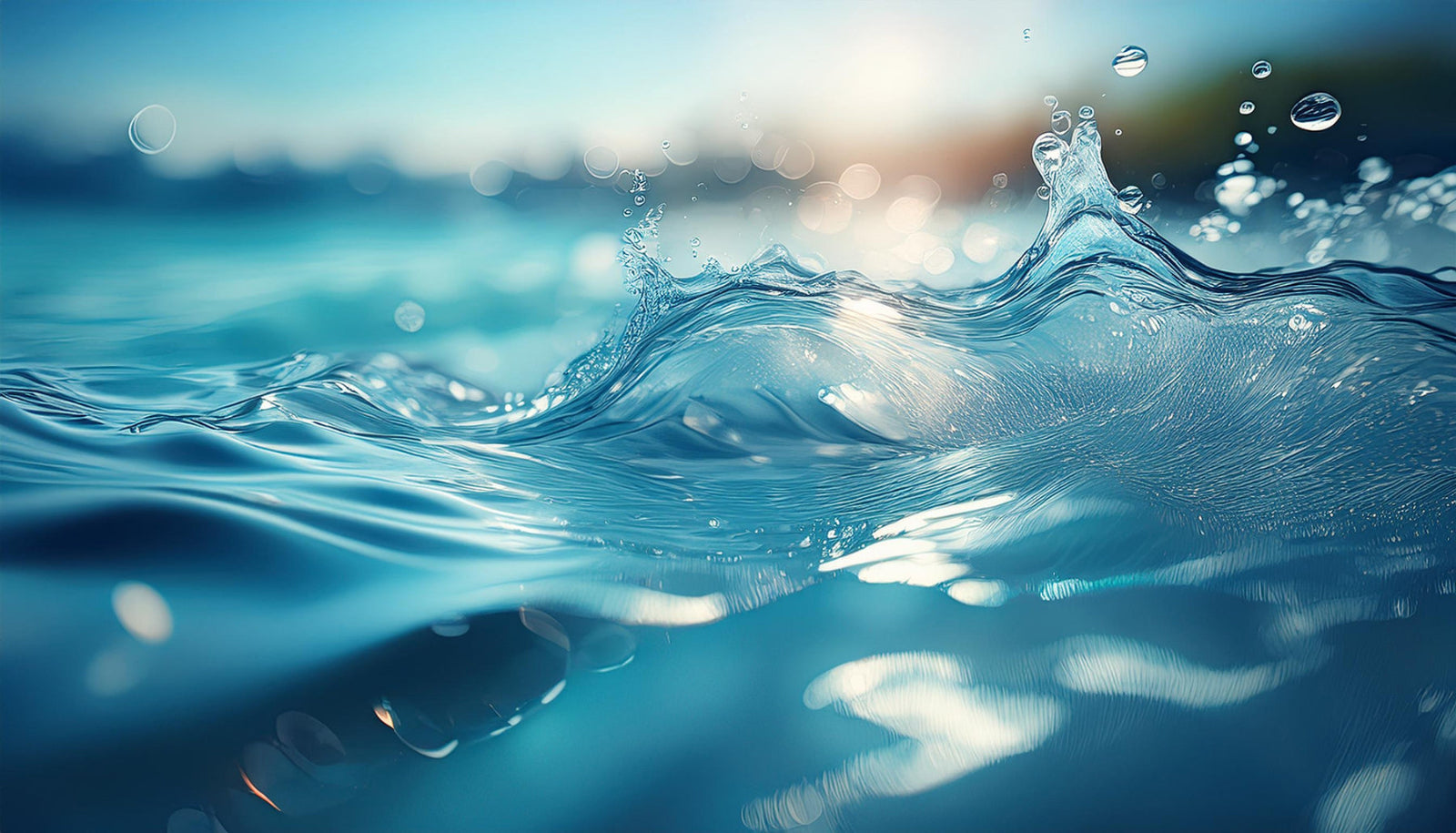 A close-up, dynamic shot of ocean water with a splash and droplets under bright sunlight, showing a blue and turquoise color palette with soft bokeh in the background.